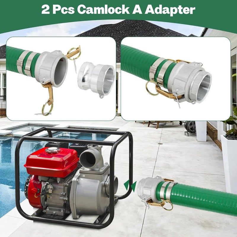 Picatu Heavy Duty 2" x 20' Green PVC Discharge Hose Pump Kit, Pool Suction Hose with Aluminum Camlock Fittings, Steel Round Strainer, Cam & Groove Adapter - Image 5